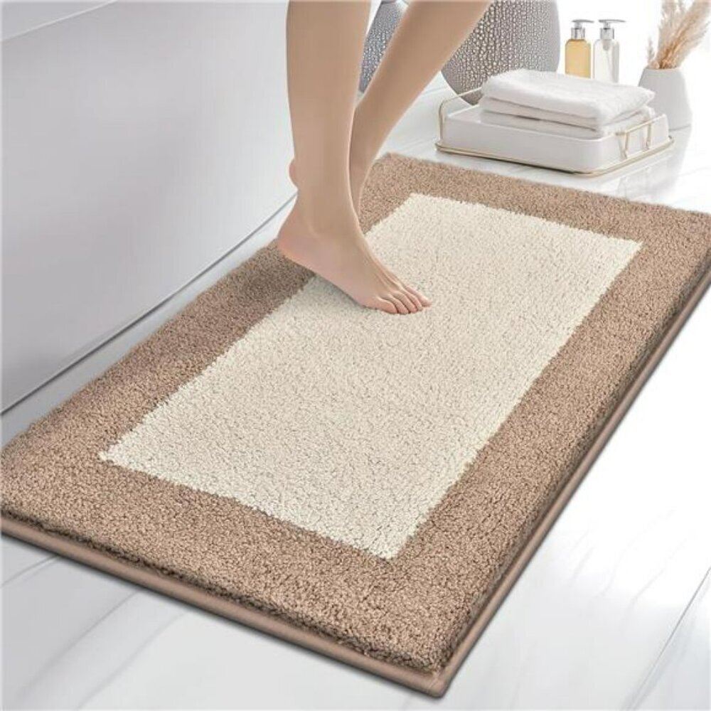 Beige gray bathroom rug non slip absorbent soft washable quick dry bath mat 24x3